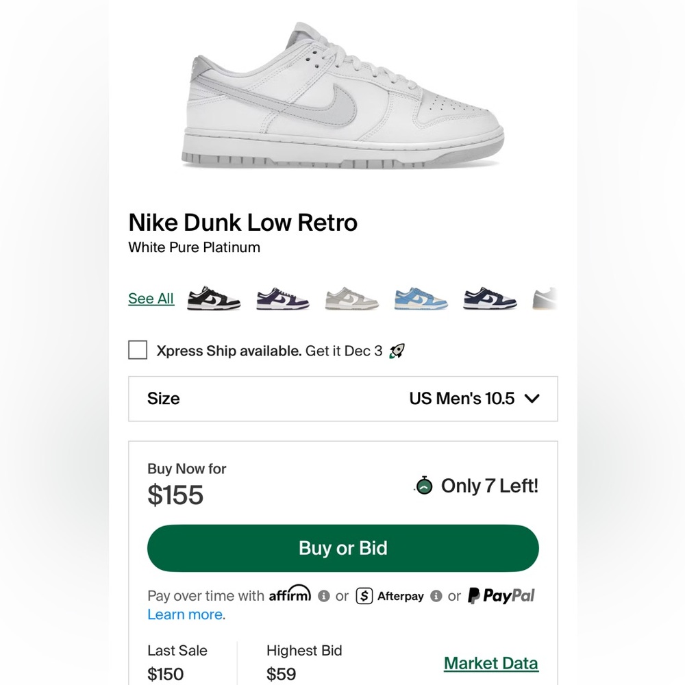 Nike Dunk Low Retro White Pure Platinum Sneakers worn once